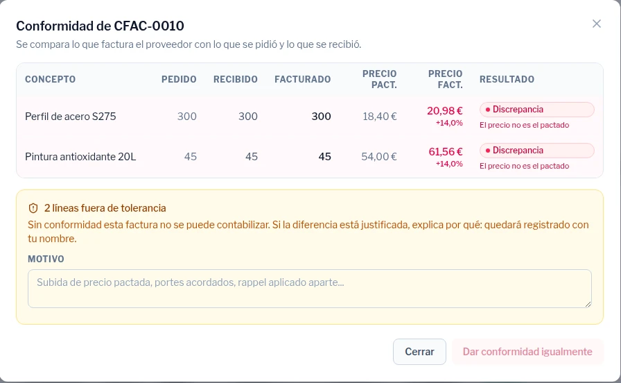 Cotejo de una factura de proveedor contra su pedido y su albarán, con dos discrepancias de precio